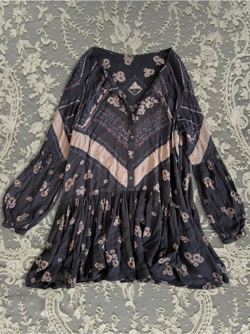 Free People From Your Heart Tunic Dress Midnight Boho Floral Ruched Oversized